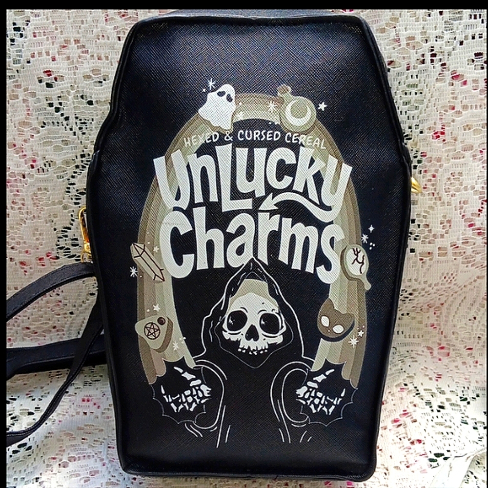 🆕️BLACK UNLUCKY CHARMS CEREAL GOTH VEGAN LEATHER COFFIN ZIPPERED CROSSBODY - Picture 14 of 16